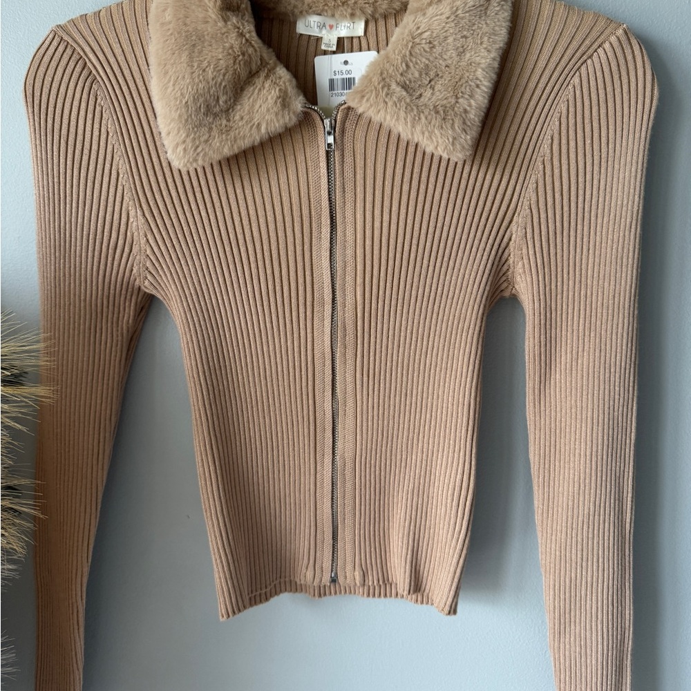 Ultra Flirt Tan Ribbed Teddy Jacket with Faux Fur Collar